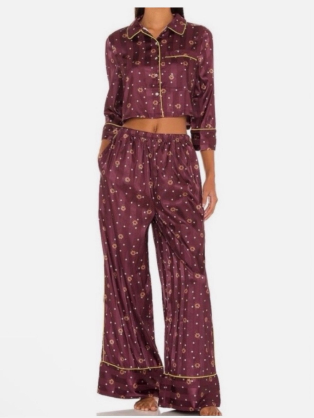 Women's Satin Two-Piece Pajama Set in Burgundy with Contrast Piping